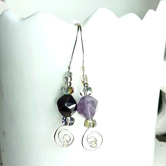 Boho Style Amethyst Dangle Drop Earrings, Crystal Gemstone Beaded Statement - Picture 3 of 10